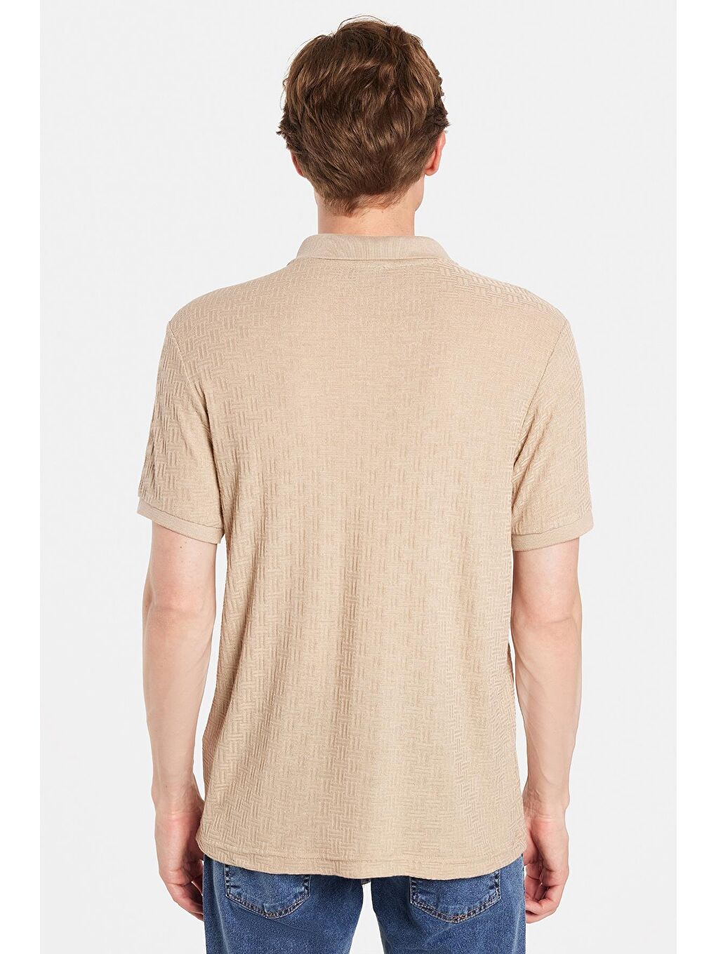 Bej Erkek Slim Fit Dar Kesim Viskon Kumaş Desenli Düz Pike Düğmesiz Vizon Polo Yaka Tişört-4