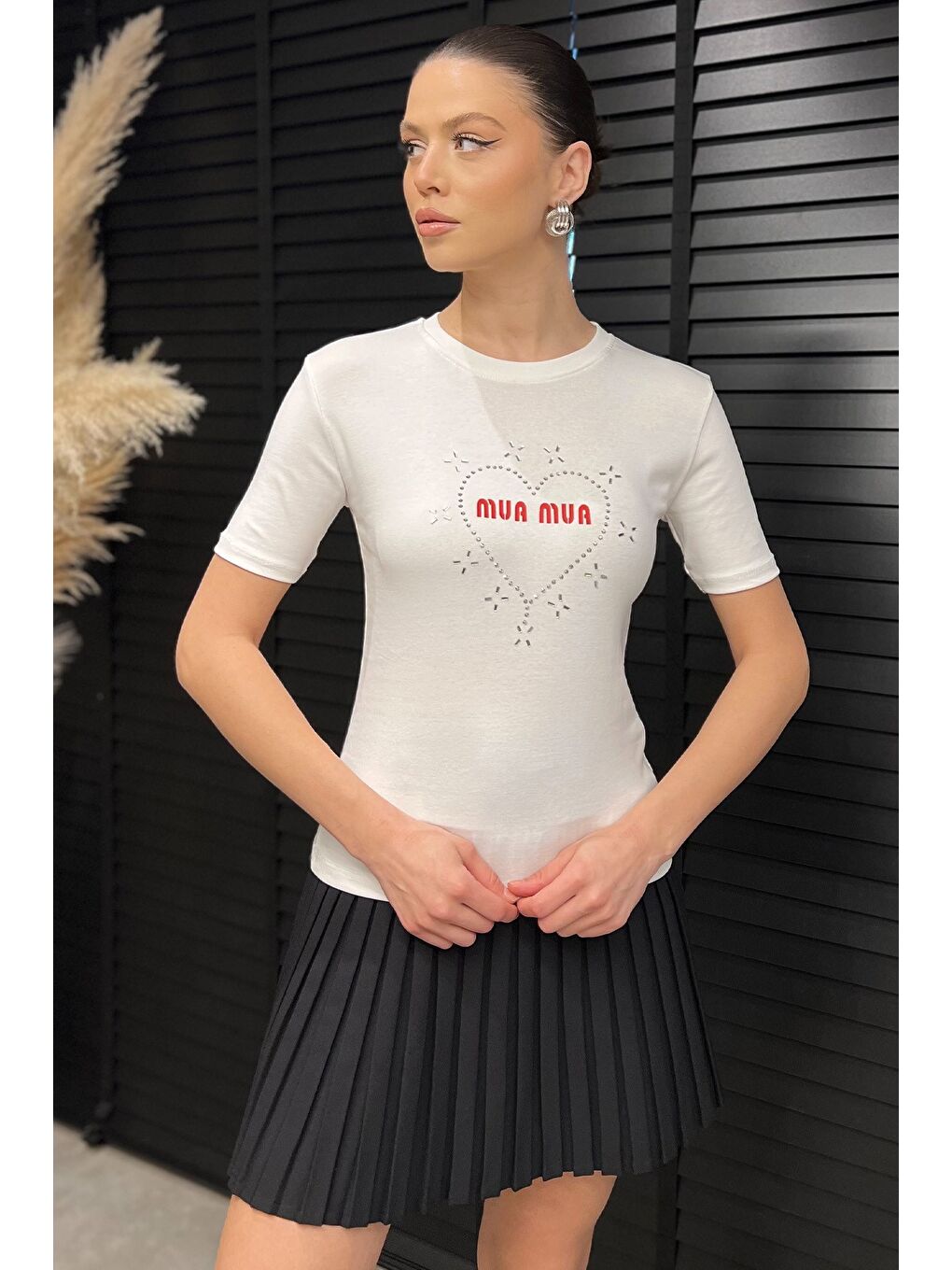 Ekru Kadın Taş İşlemeli Baskılı Bluz