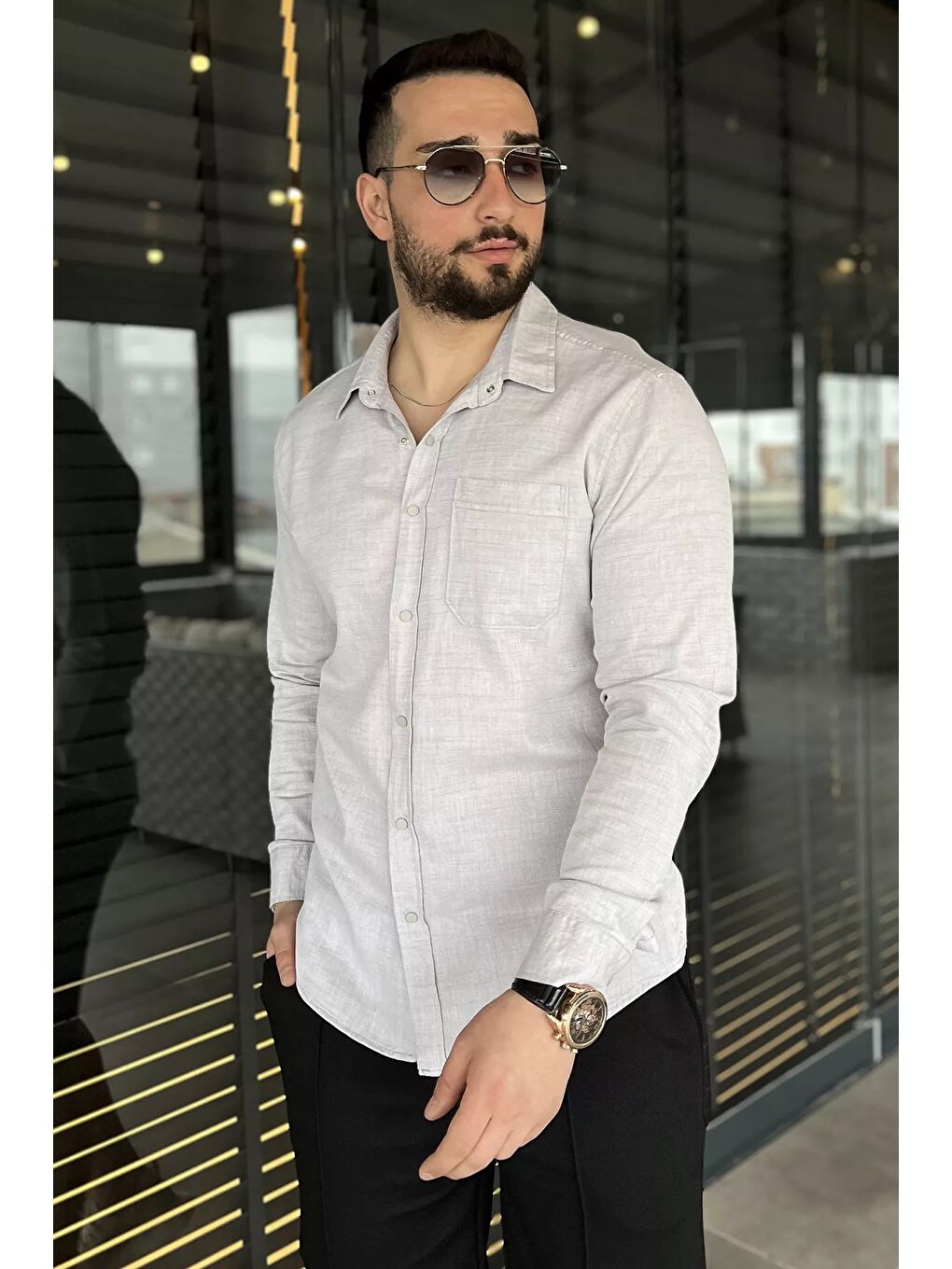 Bej Tek Cepli Çıtçıtlı Erkek Uzun Kol Gömlek