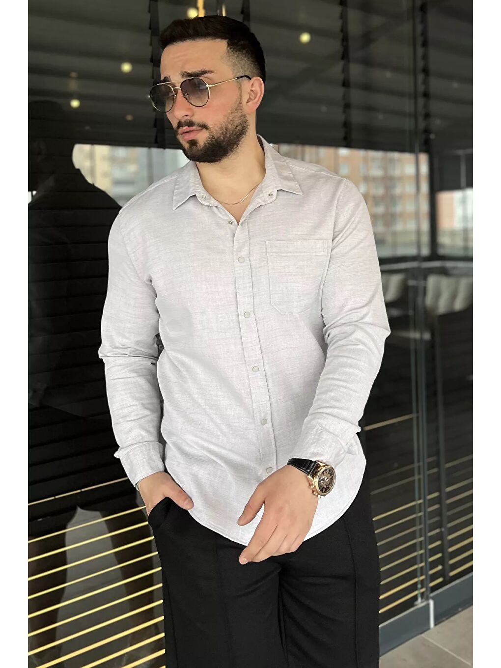 Bej Tek Cepli Çıtçıtlı Erkek Uzun Kol Gömlek-1