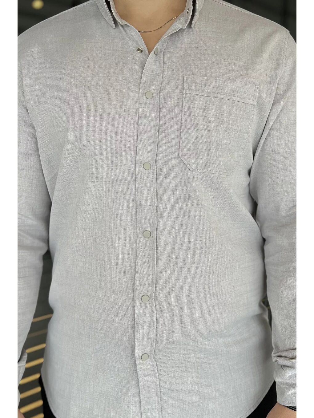 Bej Tek Cepli Çıtçıtlı Erkek Uzun Kol Gömlek-3