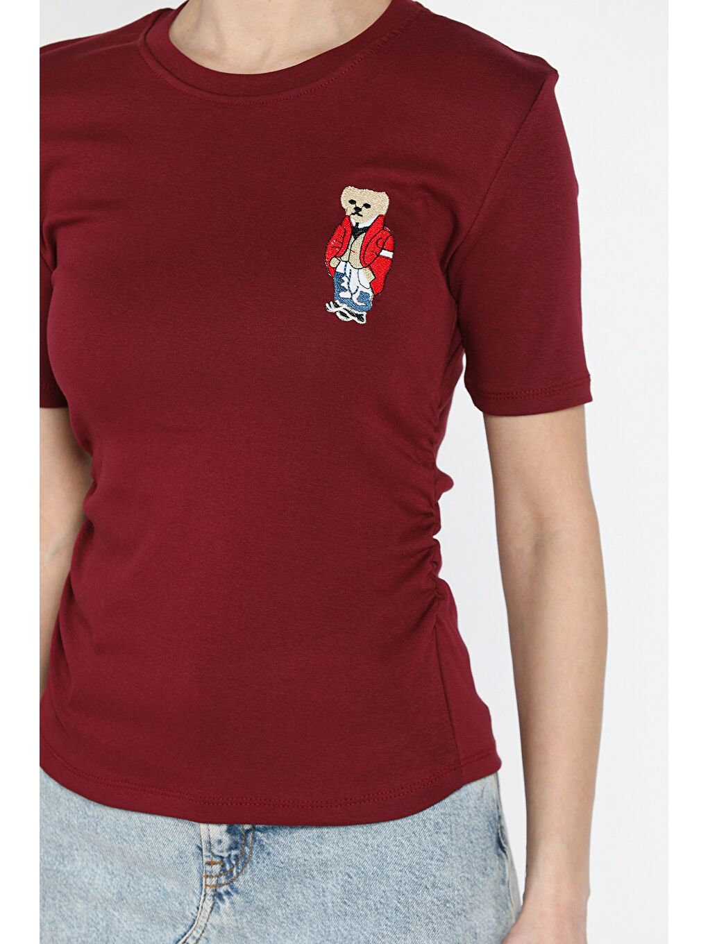 Bordo Kadın Nakış Detaylı Yanlar Büzgülü Bluz-2