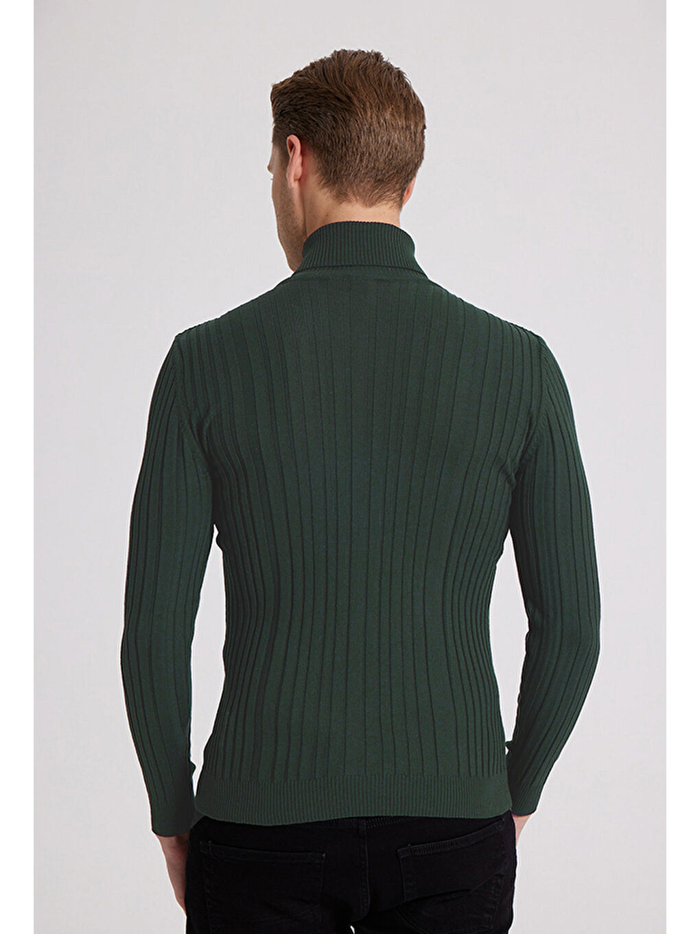 Slim Fit Haki Fitilli Pamuk Karışımlı Boğazlı Triko Kazak-1