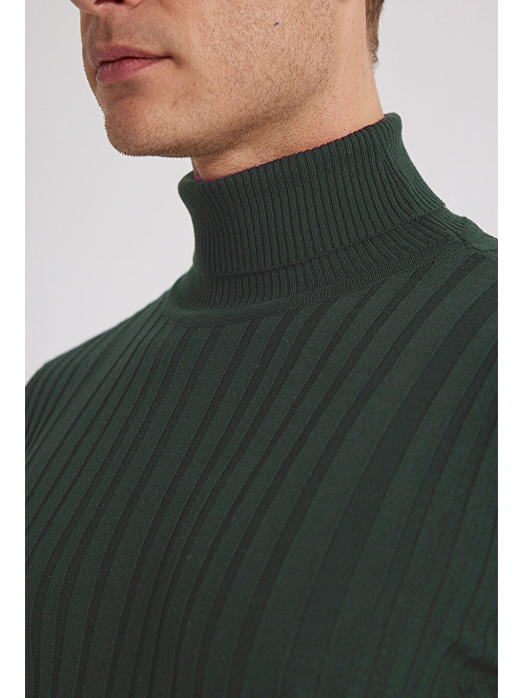 Slim Fit Haki Fitilli Pamuk Karışımlı Boğazlı Triko Kazak-2