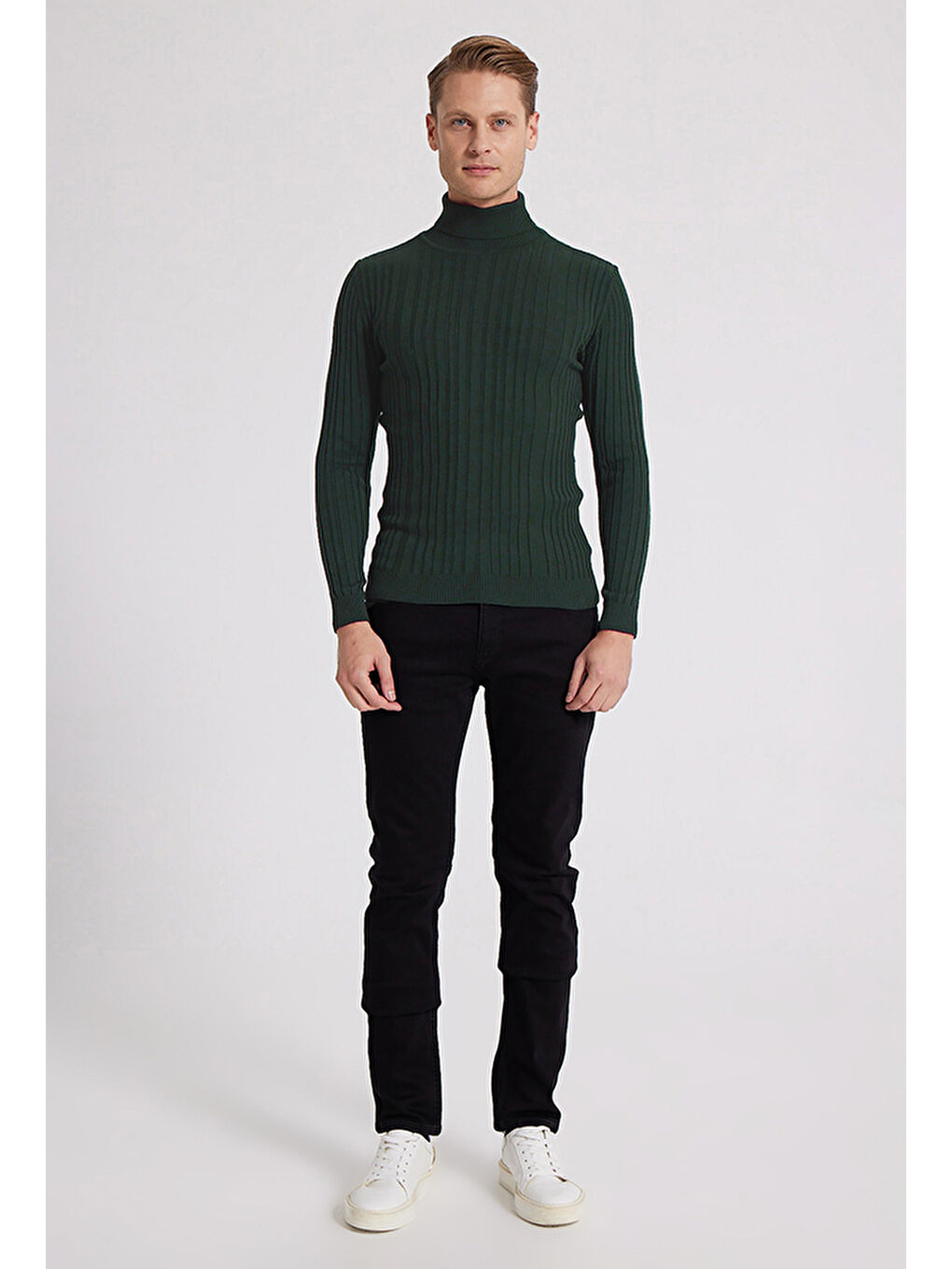 Slim Fit Haki Fitilli Pamuk Karışımlı Boğazlı Triko Kazak-3