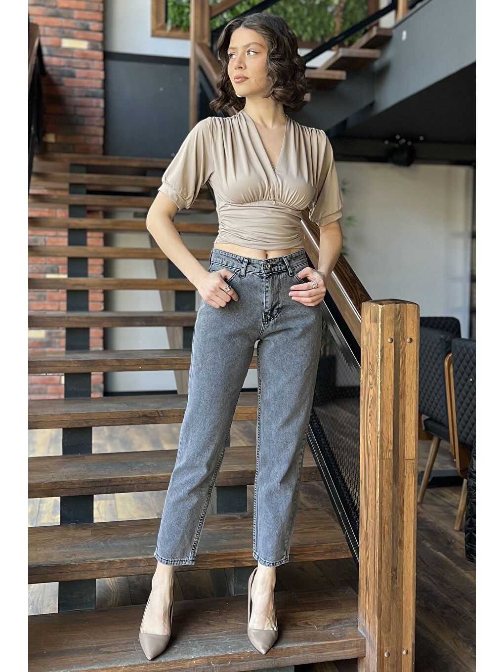 Antrasit Kadın Yüksek Bel Mom Jean Pantolon-1