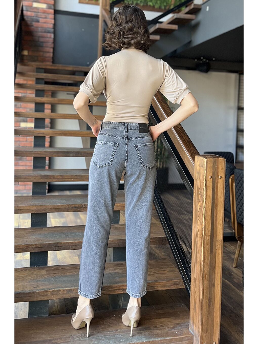 Antrasit Kadın Yüksek Bel Mom Jean Pantolon-2