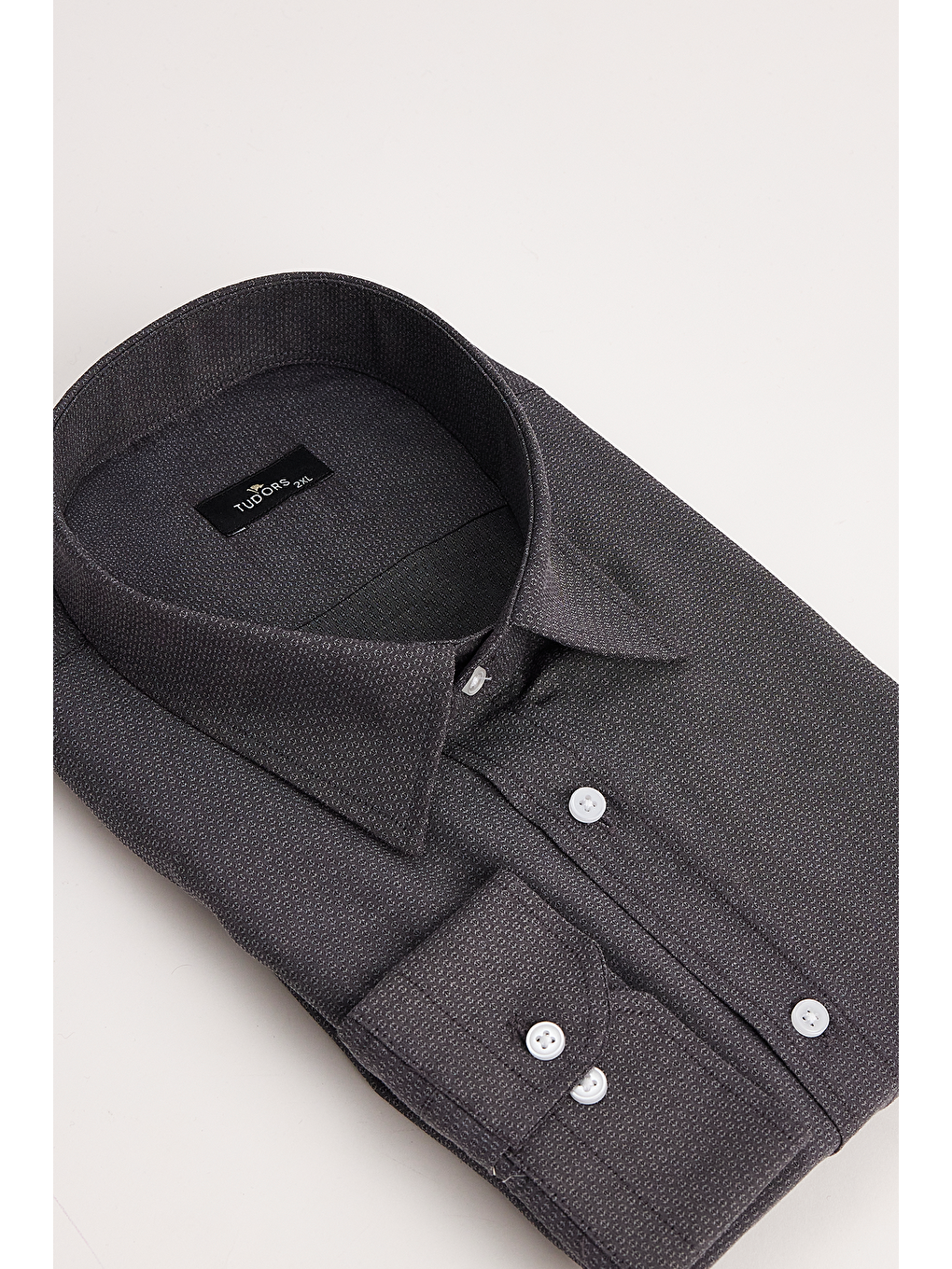 Erkek   Kolay Ütü Kravatlık Armürlü Pamuklu Gri Büyük Beden Gömlek-2