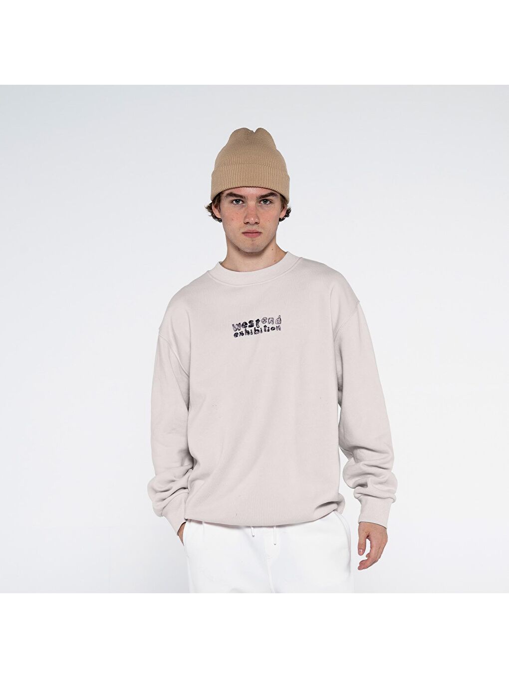 Ono Erkek Kırık Beyaz Bisiklet Yaka Ekstra Oversize Sweatshirt - Şardonlu 3 İplik