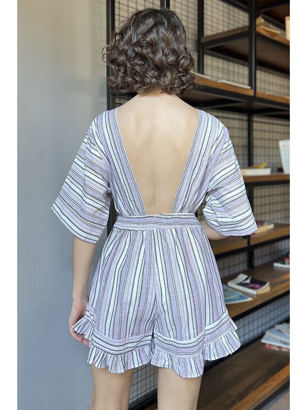 Lila Kadın Ön Düğüm Detaylı Sırt Dekolteli Çizgi Desenli Keten Elbise-2