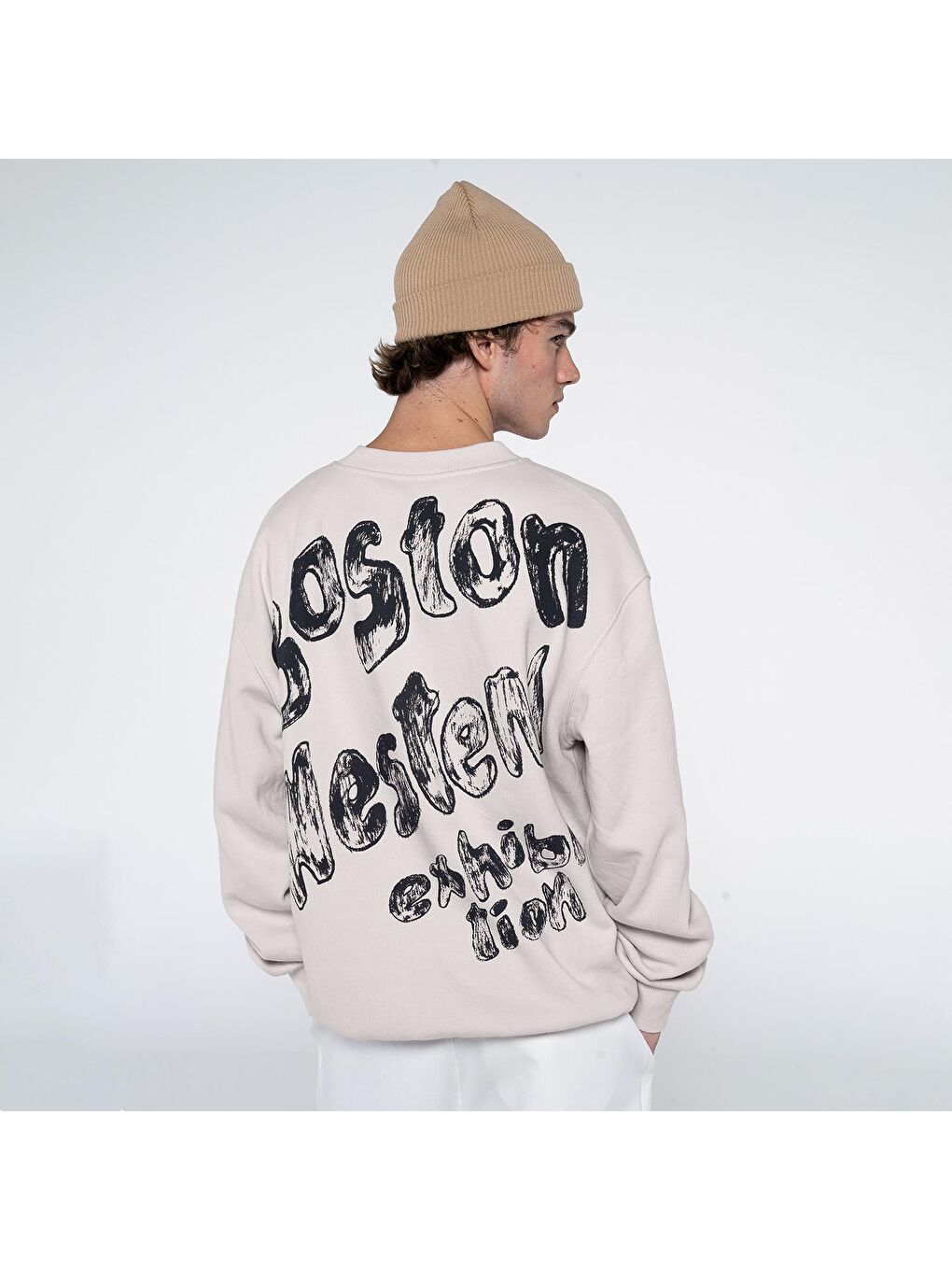 Ono Erkek Kırık Beyaz Bisiklet Yaka Ekstra Oversize Sweatshirt - Şardonlu 3 İplik-1