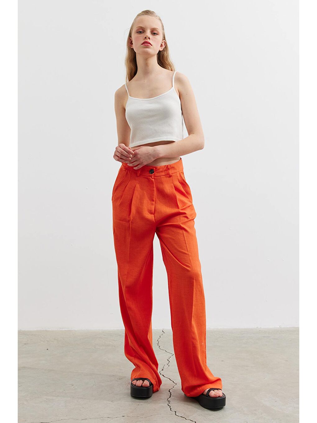 Turuncu Keten Pantolon - Oranj-2