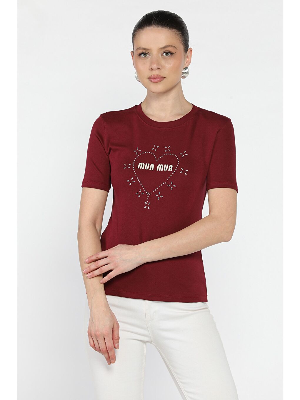 Bordo Kadın Taş İşlemeli Baskılı Bluz-1