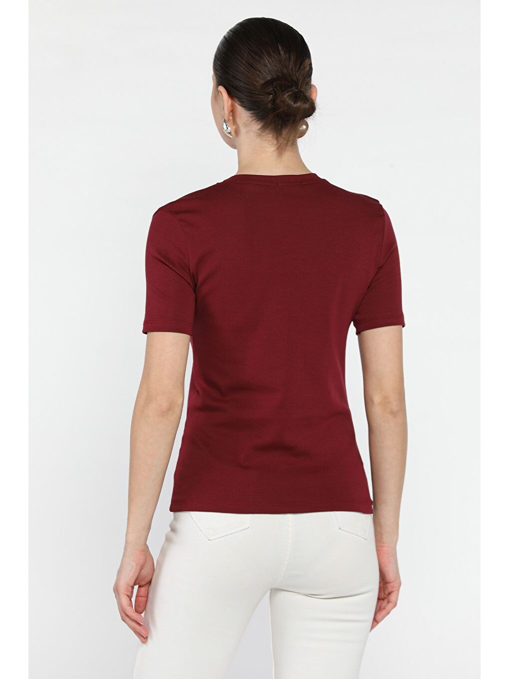 Bordo Kadın Taş İşlemeli Baskılı Bluz-2