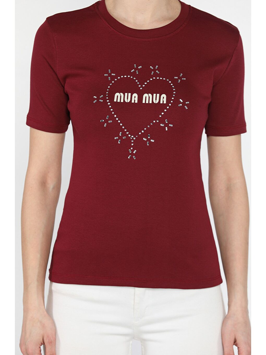 Bordo Kadın Taş İşlemeli Baskılı Bluz-3