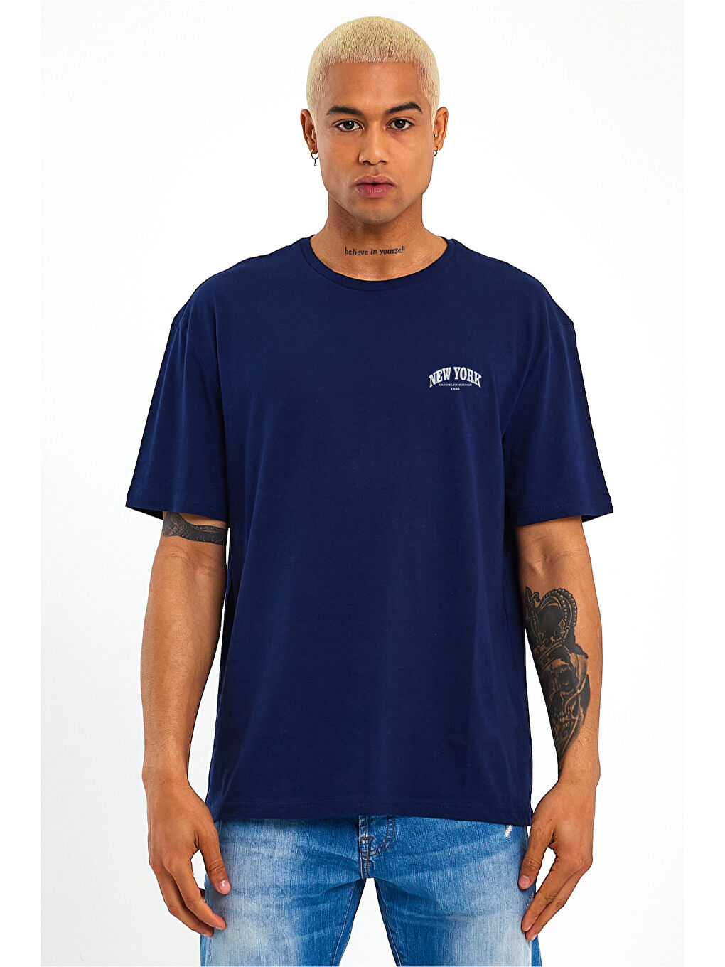Lacivert Erkek Bisiklet Yaka New York Baskılı Büyük Beden Tişört SPR25TS29