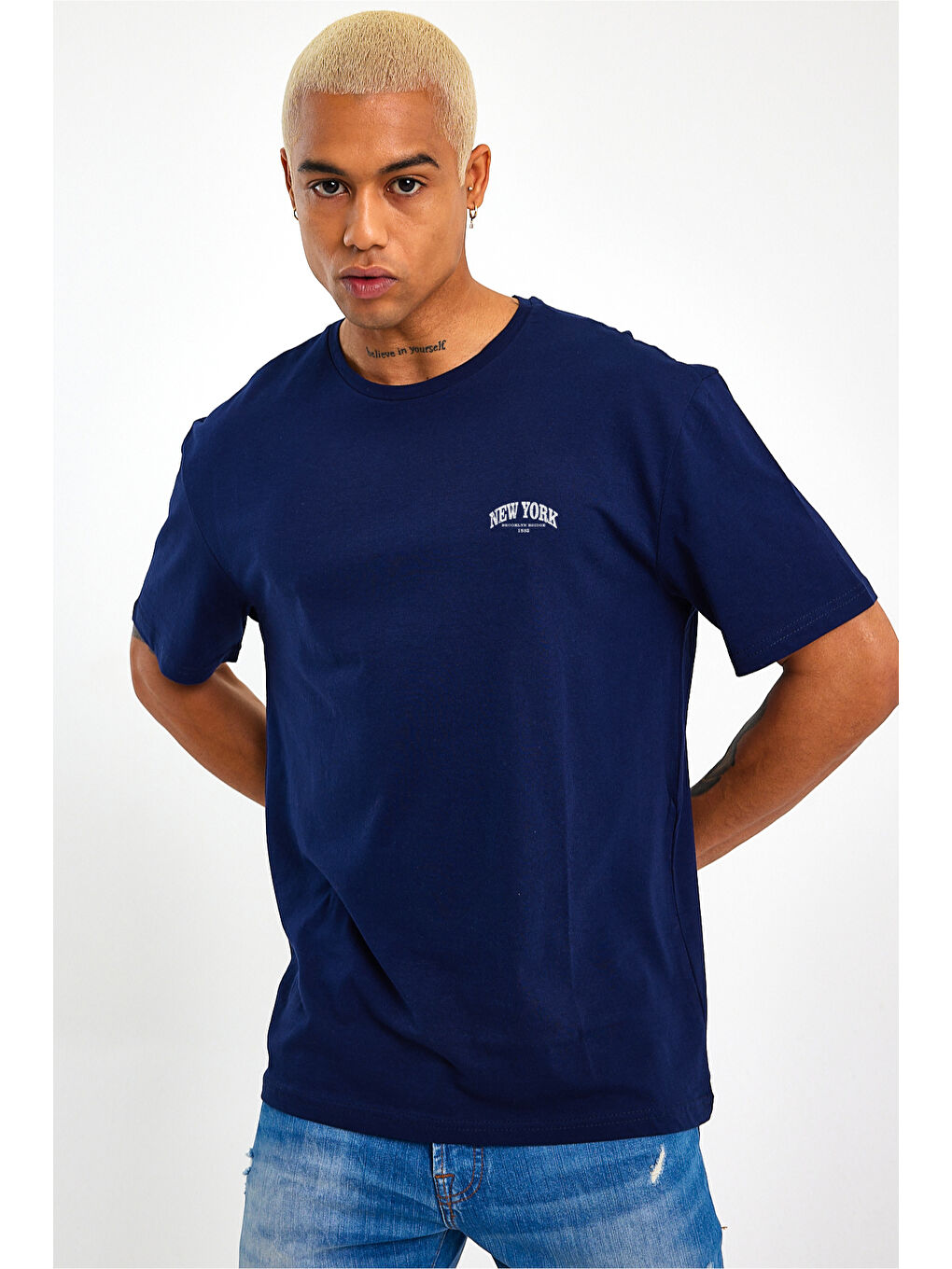 Lacivert Erkek Bisiklet Yaka New York Baskılı Büyük Beden Tişört SPR25TS29-1