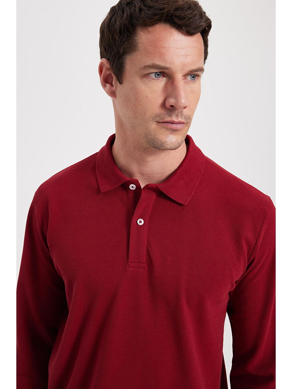 Erkek Standart Fit Rahat Kesim Pamuklu Yumuşak Dokulu Düz Pike Uzun Kollu Bordo Polo Yaka Tişört-1