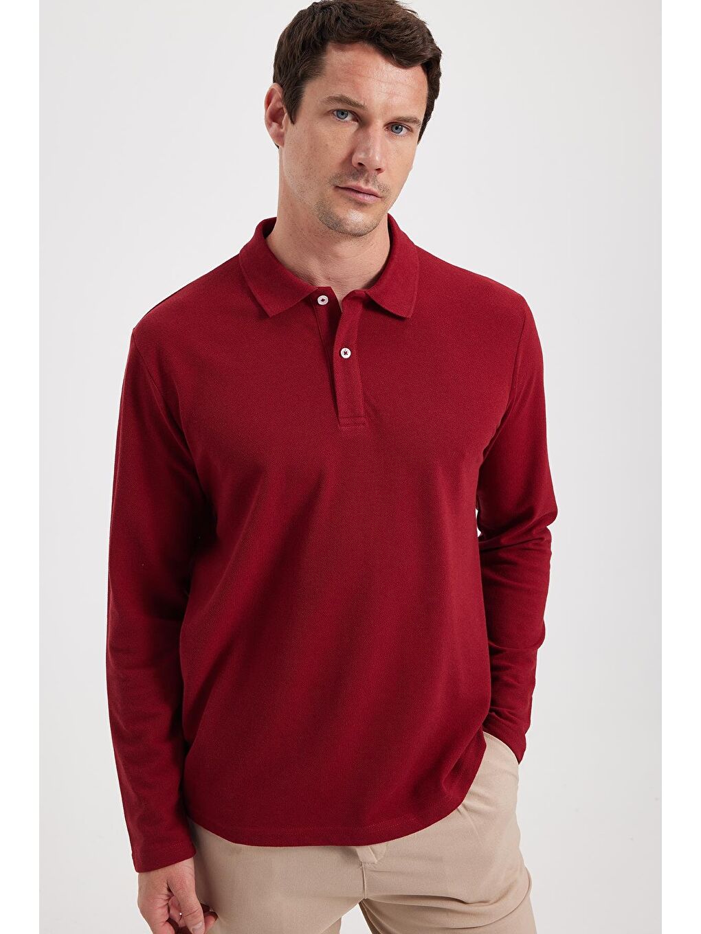 Erkek Standart Fit Rahat Kesim Pamuklu Yumuşak Dokulu Düz Pike Uzun Kollu Bordo Polo Yaka Tişört-2