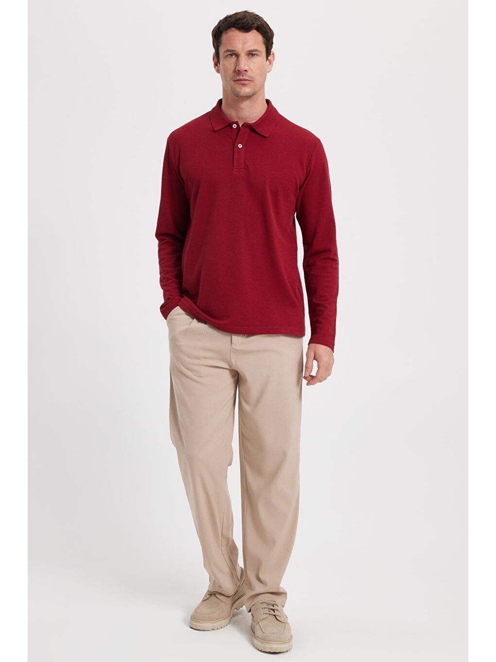 Erkek Standart Fit Rahat Kesim Pamuklu Yumuşak Dokulu Düz Pike Uzun Kollu Bordo Polo Yaka Tişört-3