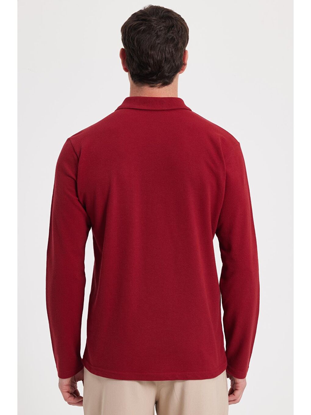 Erkek Standart Fit Rahat Kesim Pamuklu Yumuşak Dokulu Düz Pike Uzun Kollu Bordo Polo Yaka Tişört-6
