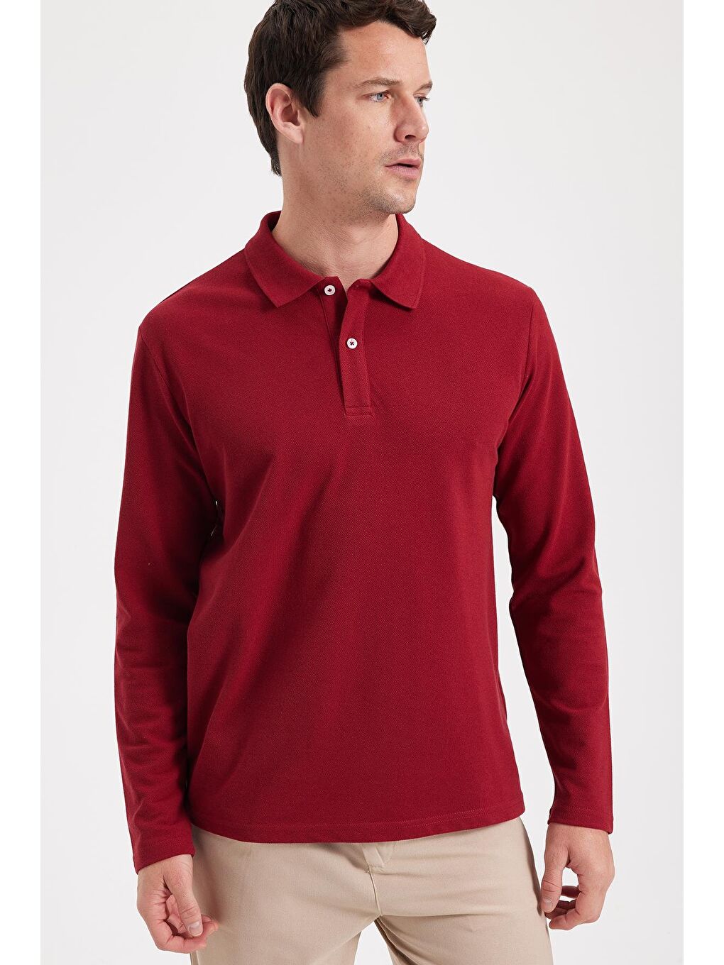 Erkek Standart Fit Rahat Kesim Pamuklu Yumuşak Dokulu Düz Pike Uzun Kollu Bordo Polo Yaka Tişört-7