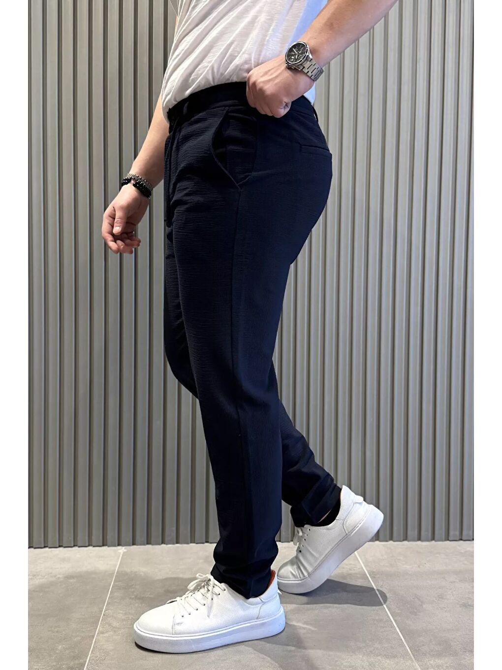 Lacivert Erkek Bel Lastikli Bağcıklı Jogger Pantolon-1