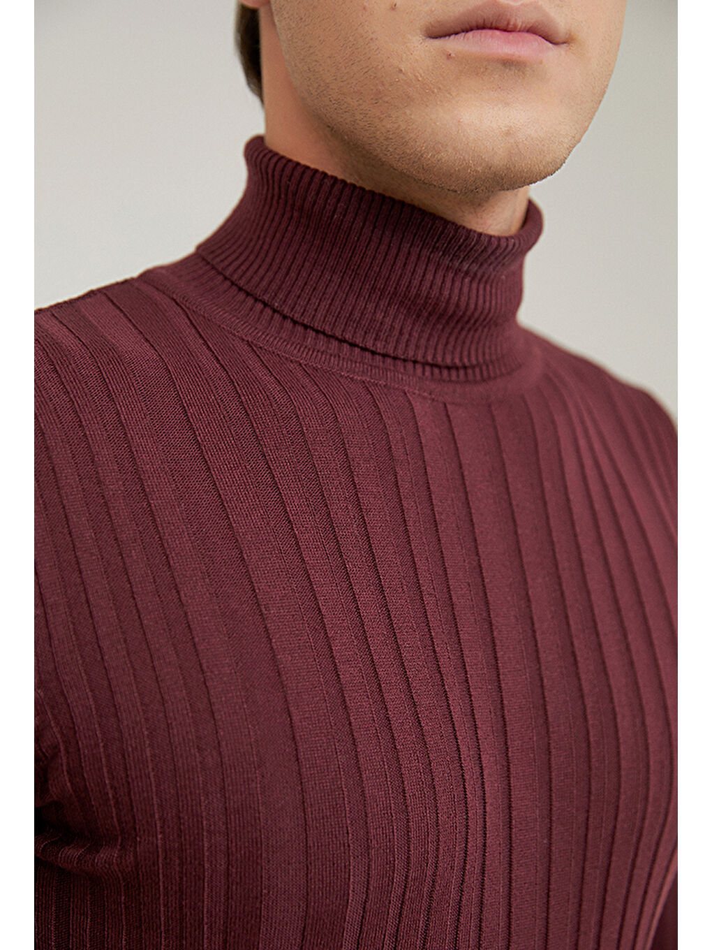 Slim Fit Bordo Fitilli Pamuk Karışımlı Boğazlı Triko Kazak-2