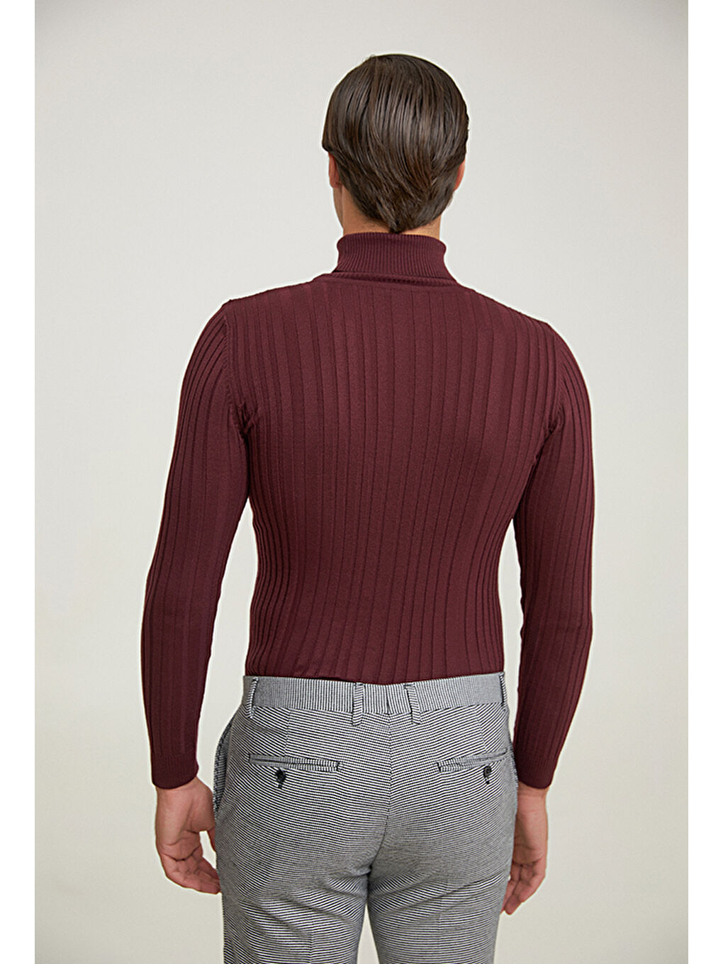 Slim Fit Bordo Fitilli Pamuk Karışımlı Boğazlı Triko Kazak-3