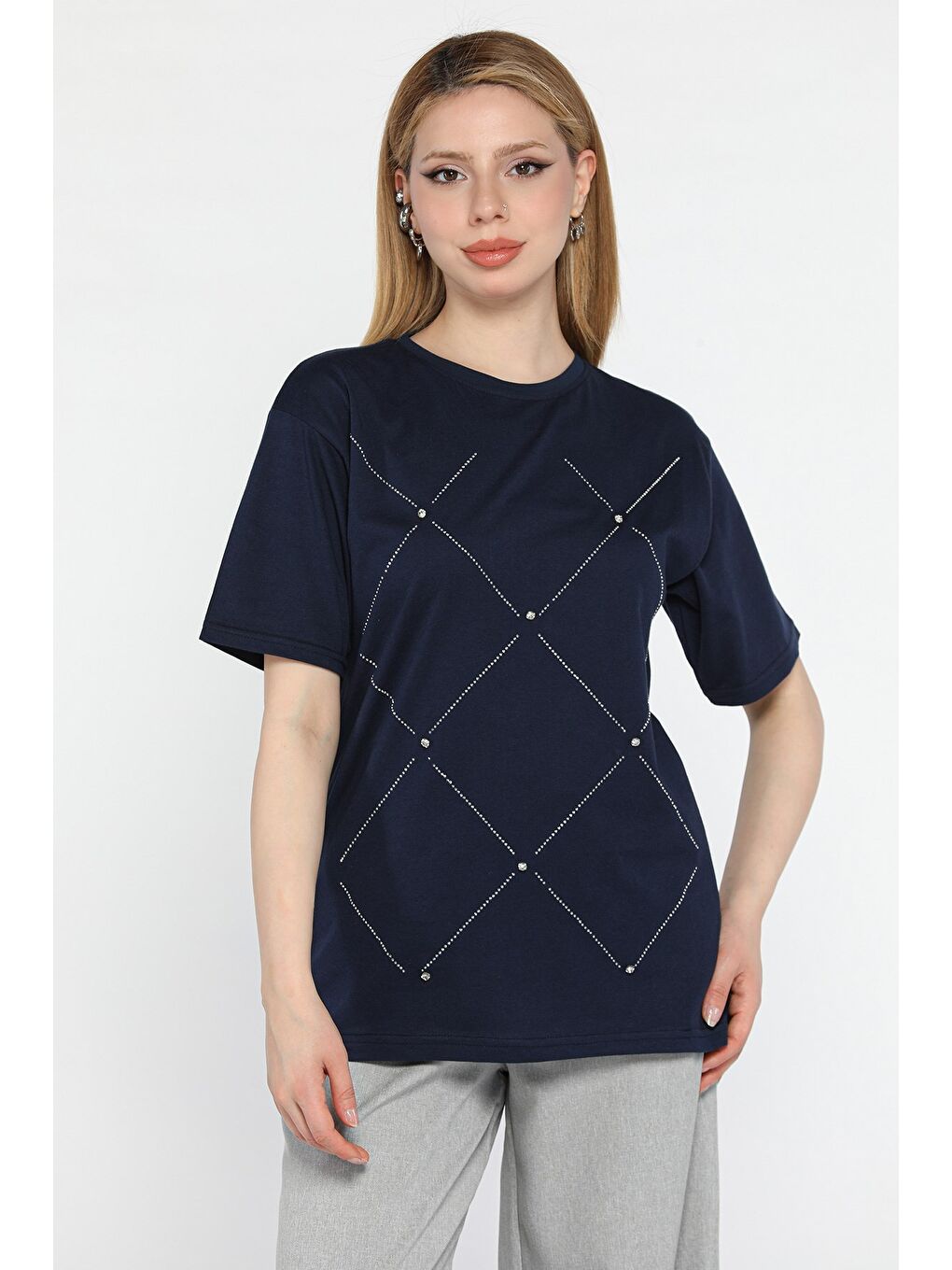 Lacivert Taşlı Kadın Tişört-1