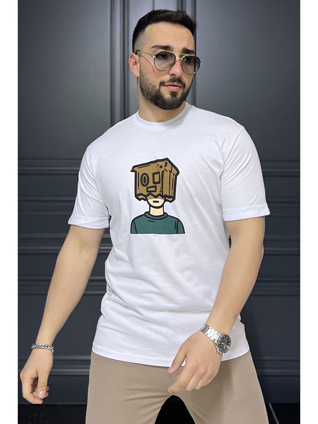 Beyaz Bisiklet Yaka Kol Katlamalı Baskılı Erkek Tişört-1