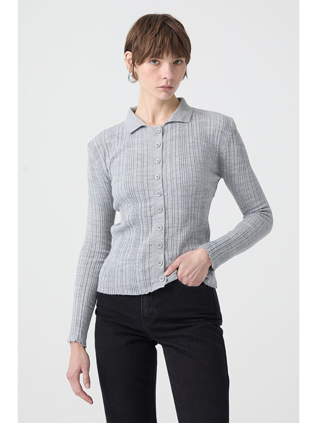 Gri Polo Yaka İnce Triko Body