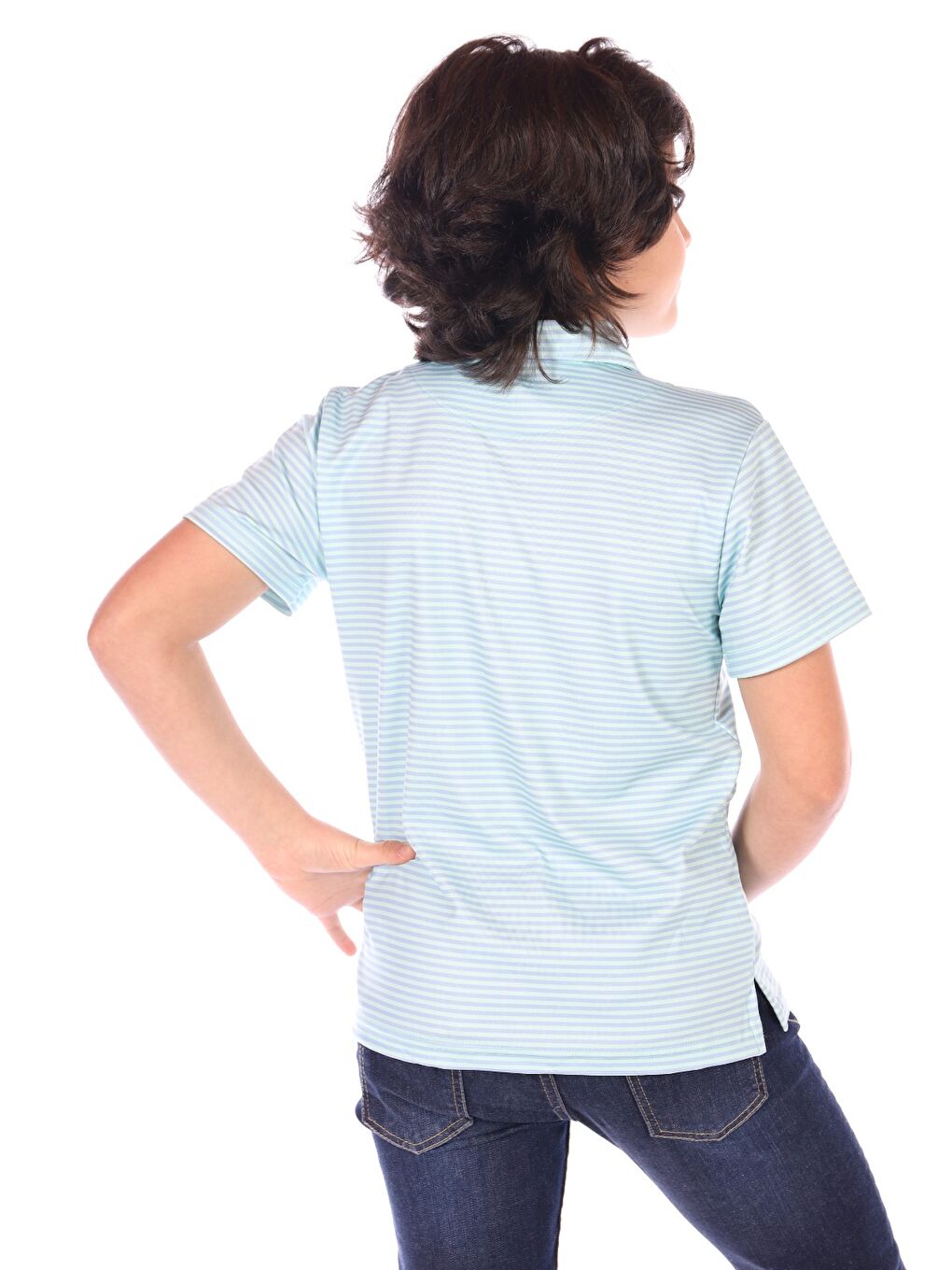 Turkuaz Erkek Çocuk Çizgili Göğsü Nakışlı Tişört-1
