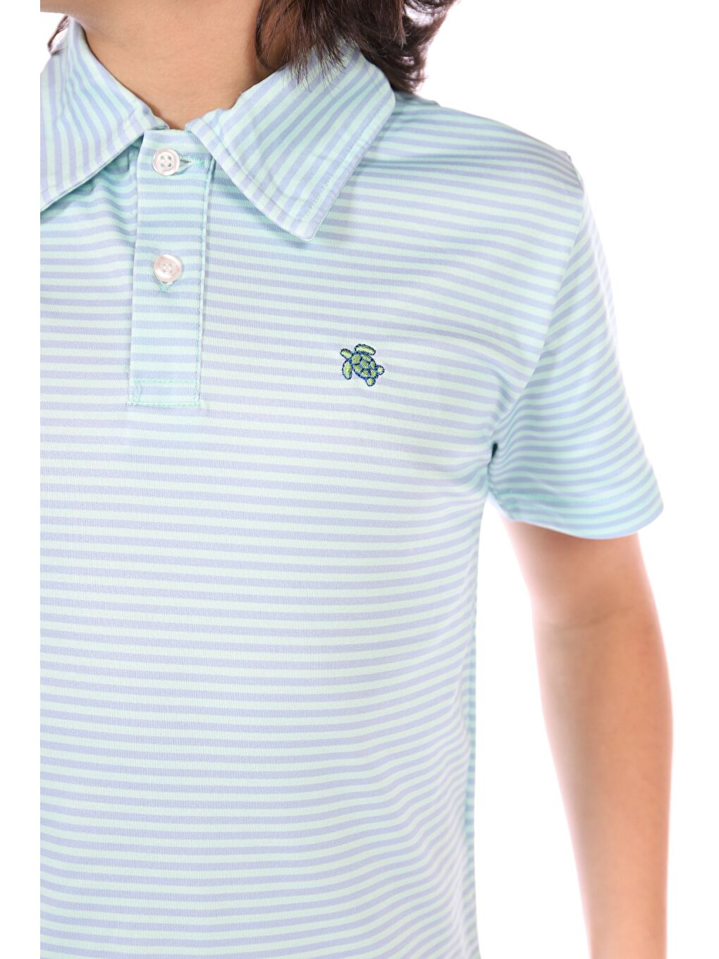 Turkuaz Erkek Çocuk Çizgili Göğsü Nakışlı Tişört-2