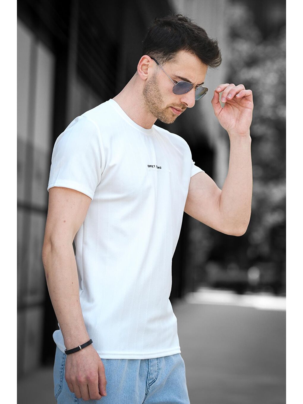 Beyaz Expect Slim Fit Elastanlı Bisiklet Yaka Baskılı Erkek Tshirt