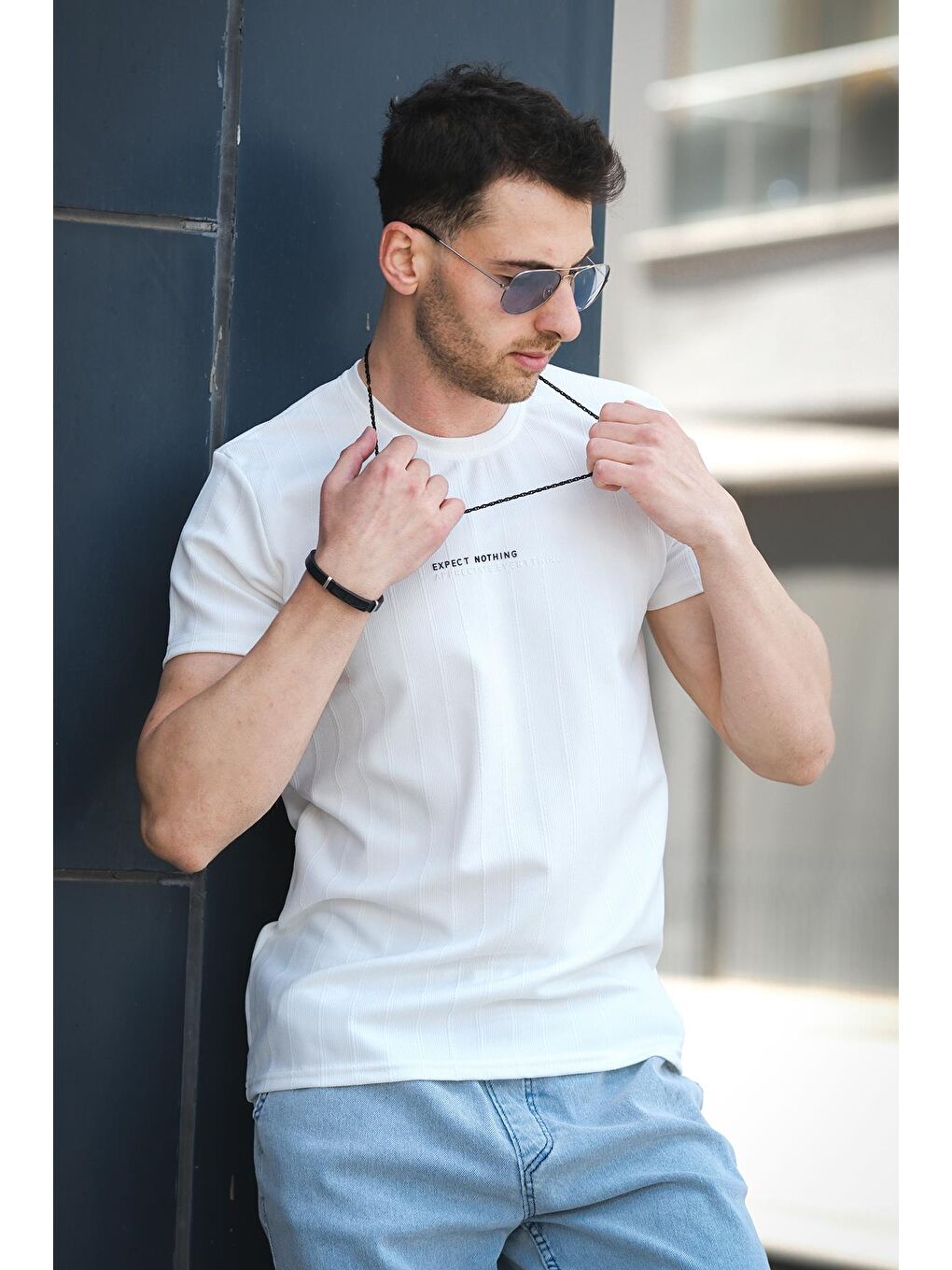 Beyaz Expect Slim Fit Elastanlı Bisiklet Yaka Baskılı Erkek Tshirt-1