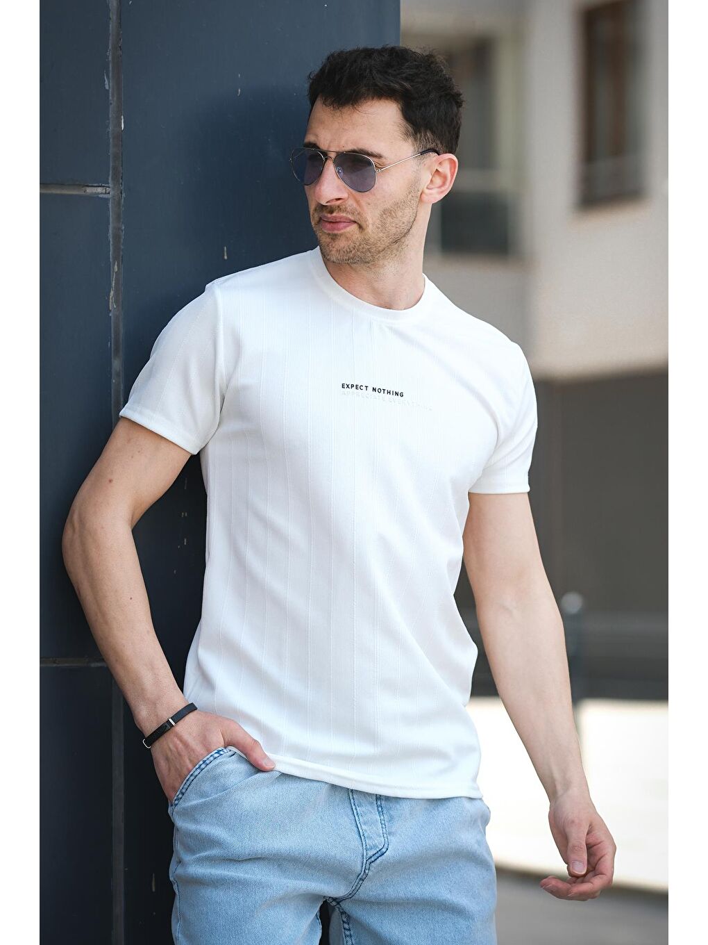 Beyaz Expect Slim Fit Elastanlı Bisiklet Yaka Baskılı Erkek Tshirt-2
