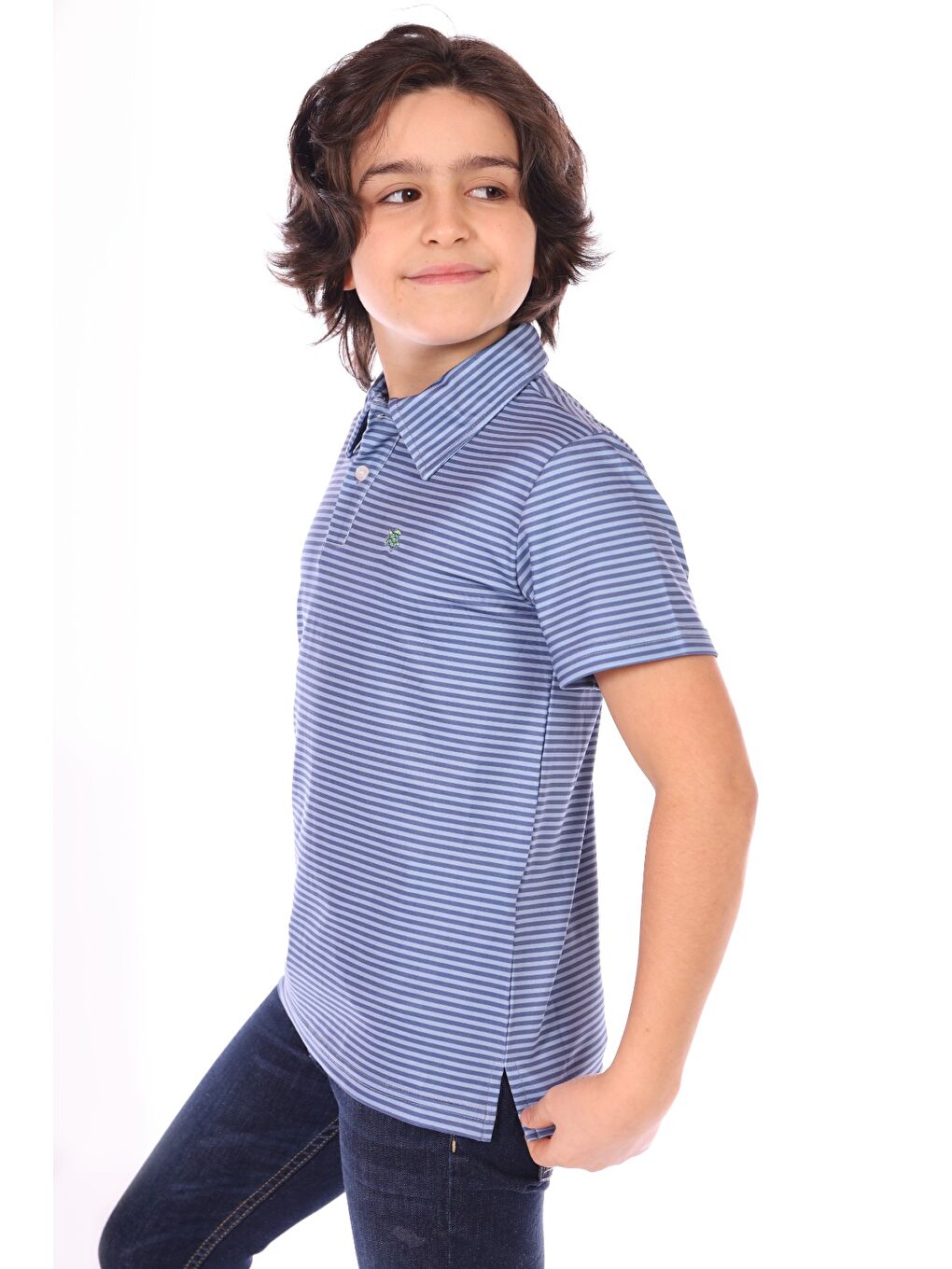 İndigo Erkek Çocuk Çizgili Göğsü Nakışlı Tişört-1