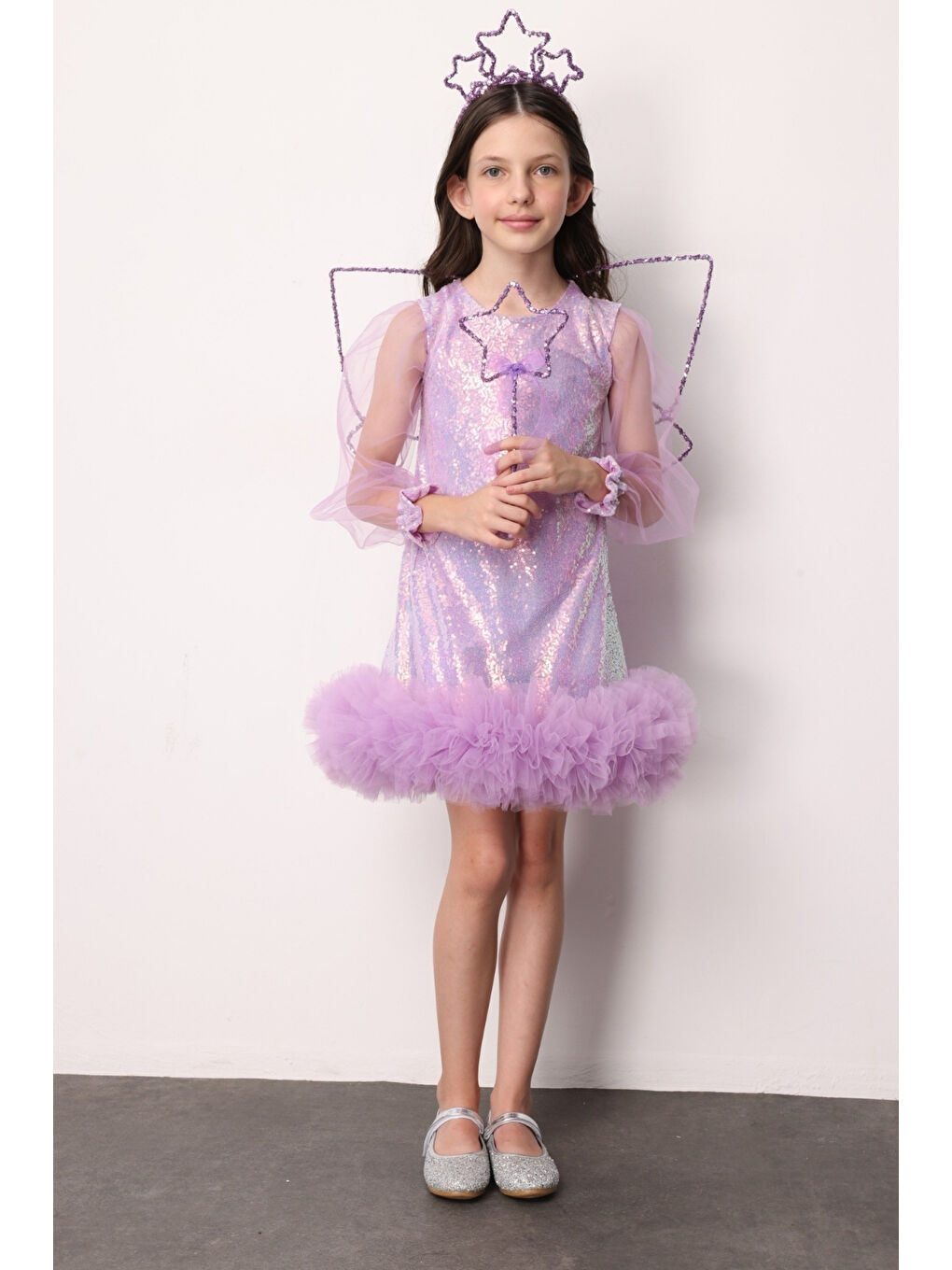 Lila Pullu Etek Ucu Tüllü Kız Çocuk Elbise - Balenca