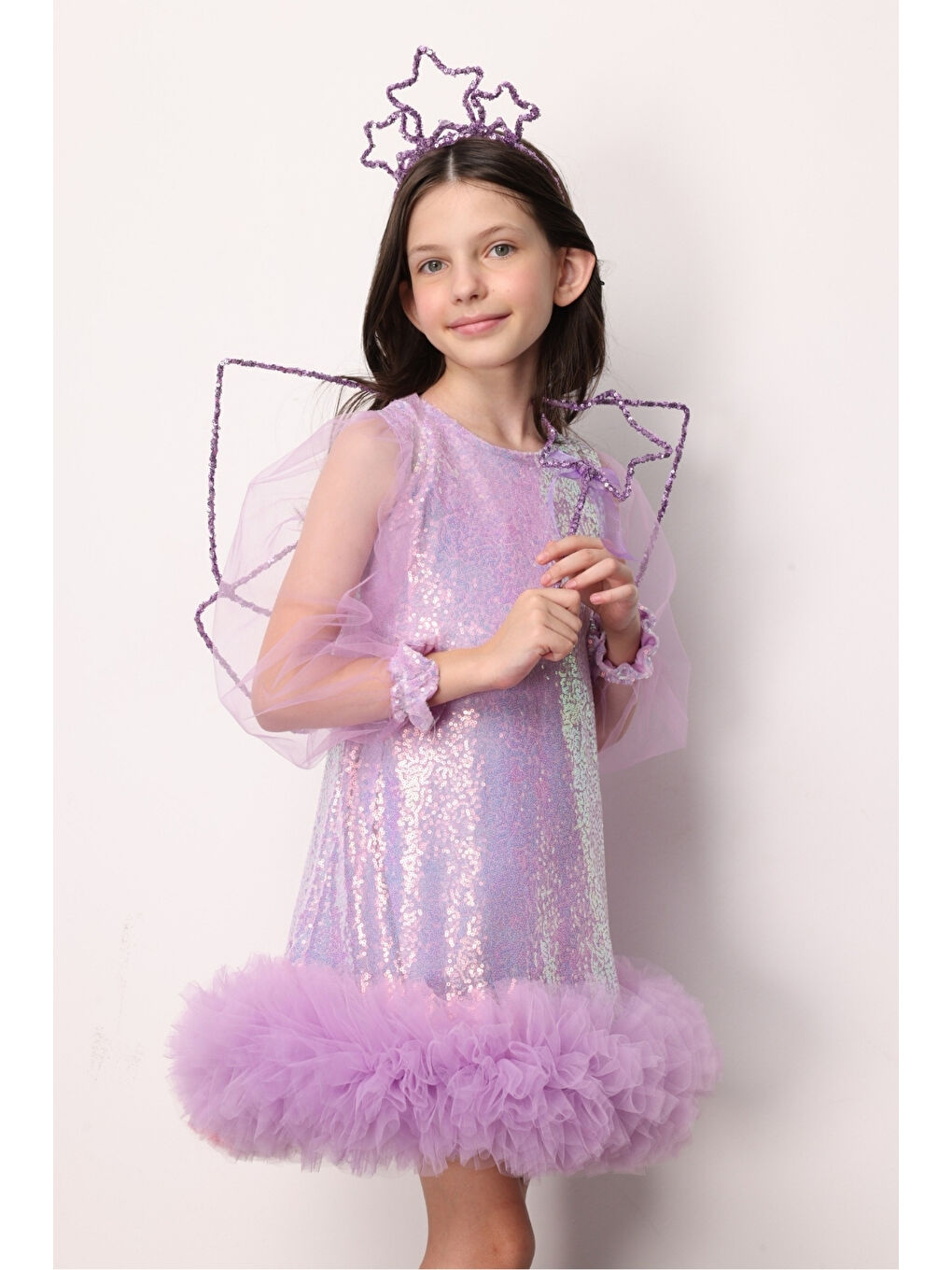 Lila Pullu Etek Ucu Tüllü Kız Çocuk Elbise - Balenca-1