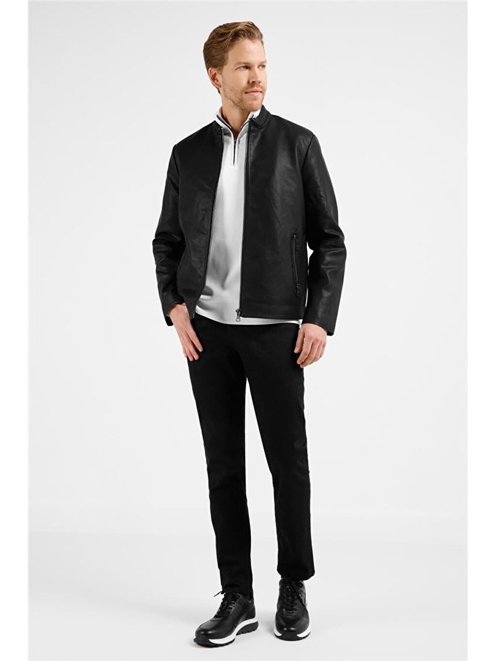 Siyah Dik Yaka Slim Fit Casual Deri Mont 1038255150-1