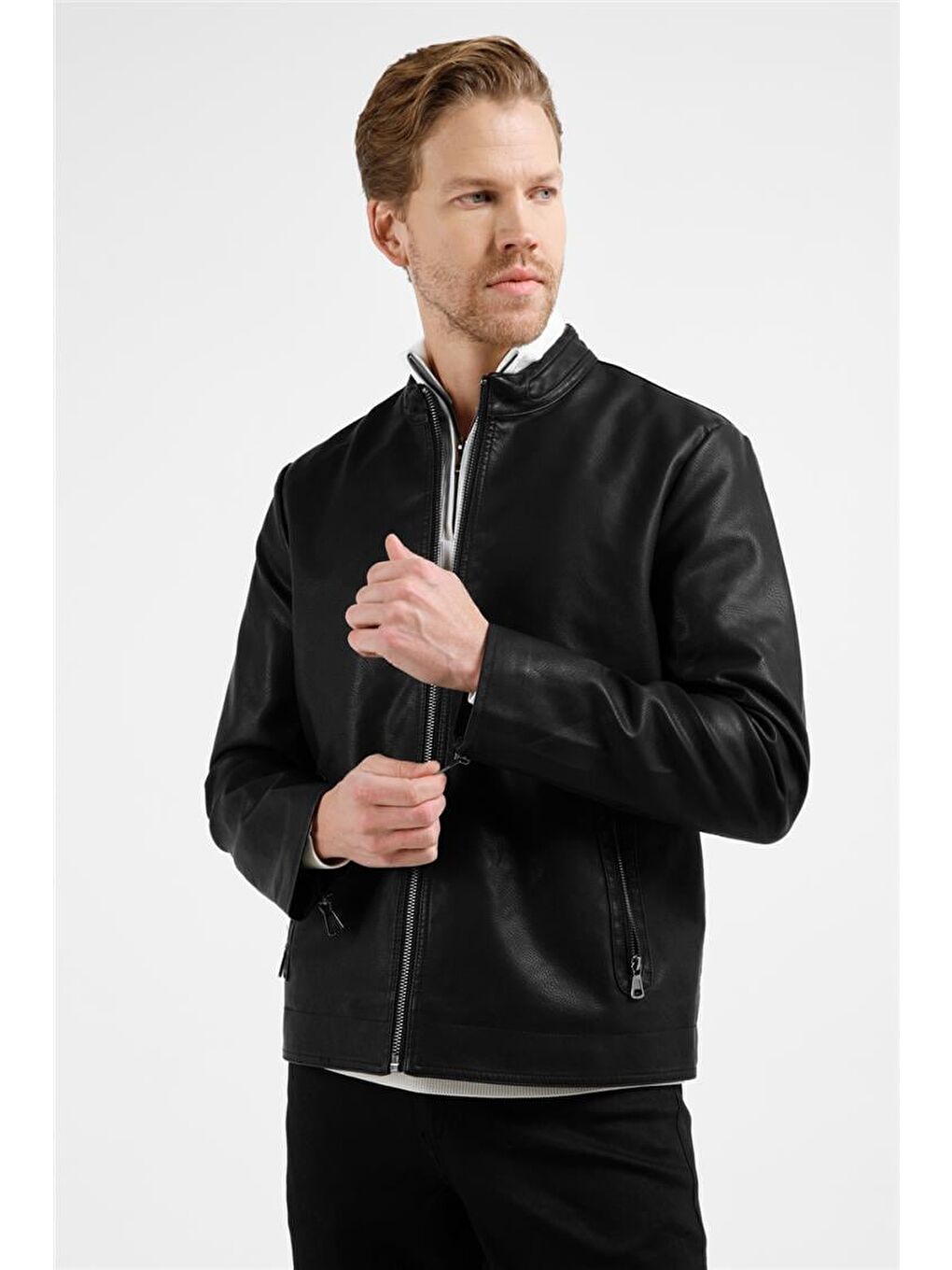 Siyah Dik Yaka Slim Fit Casual Deri Mont 1038255150-2