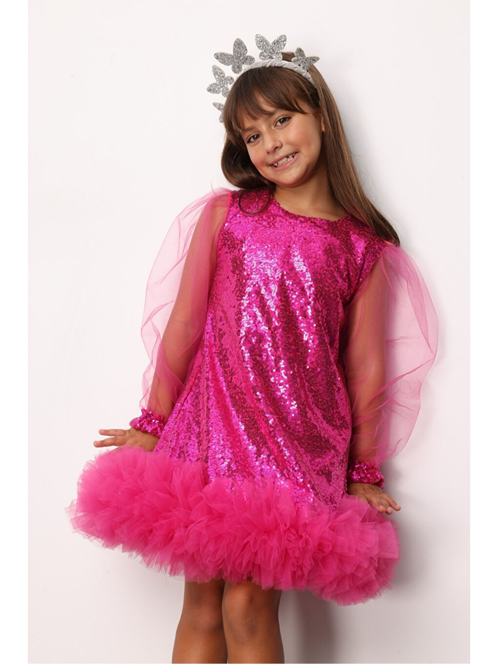 Fuşya Pullu Etek Ucu Tüllü Kız Çocuk Elbise - Balenca-1