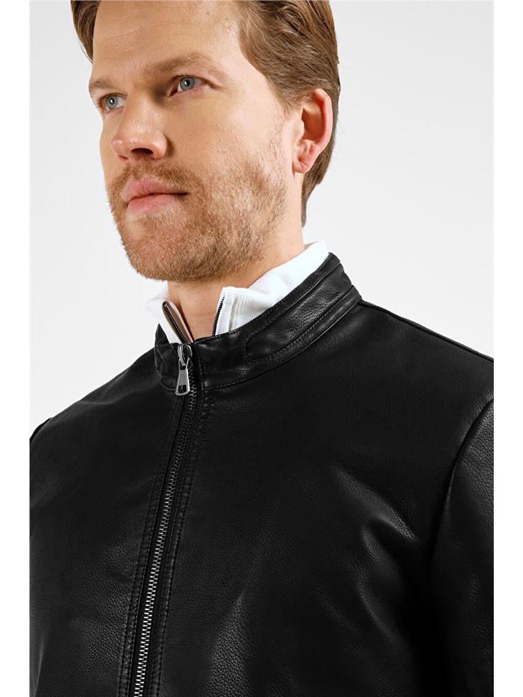 Siyah Dik Yaka Slim Fit Casual Deri Mont 1038255150-3
