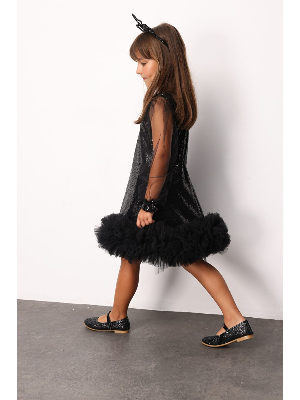 Siyah Pullu Etek Ucu Tüllü Kız Çocuk Elbise - Balenca-2