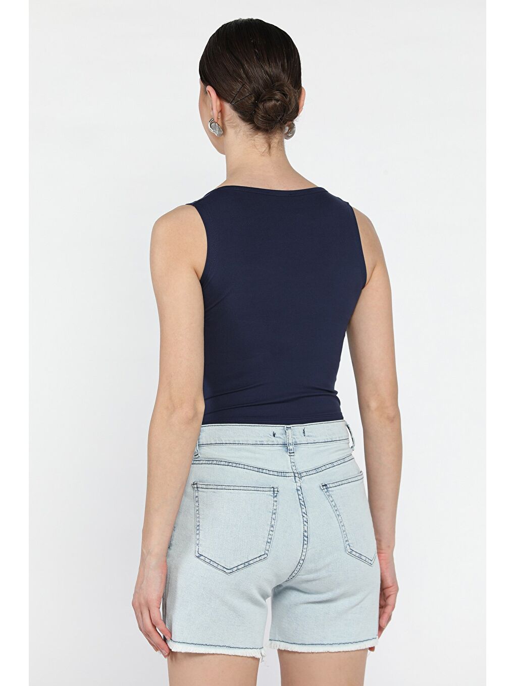 Lacivert Kadın Modal Kumaş Sıfır Kol Elastanlı Crop Top Bluz-2