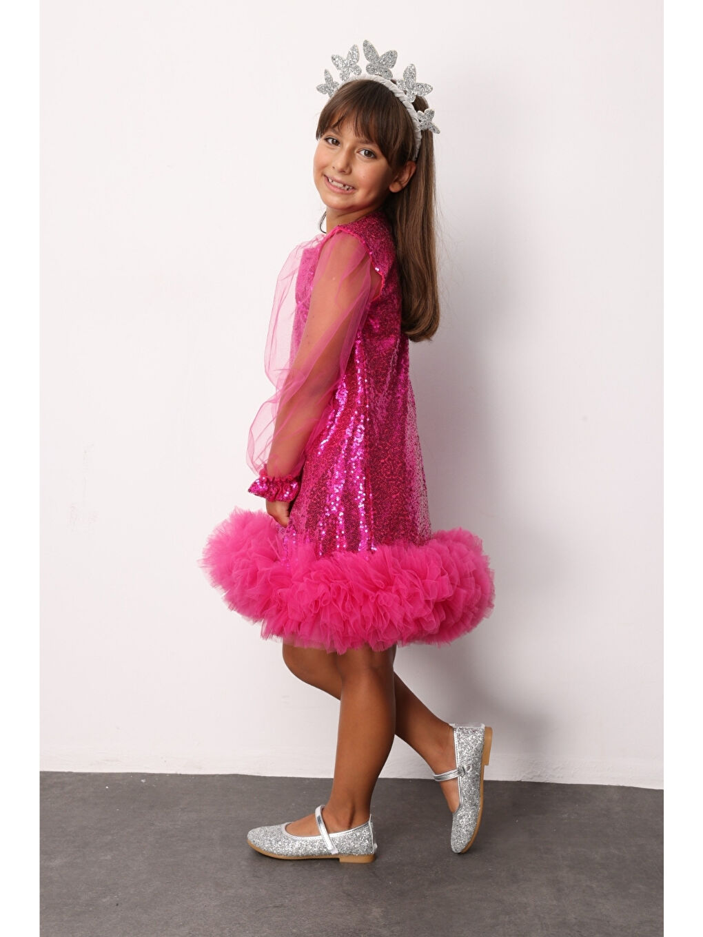 Fuşya Pullu Etek Ucu Tüllü Kız Çocuk Elbise - Balenca-2
