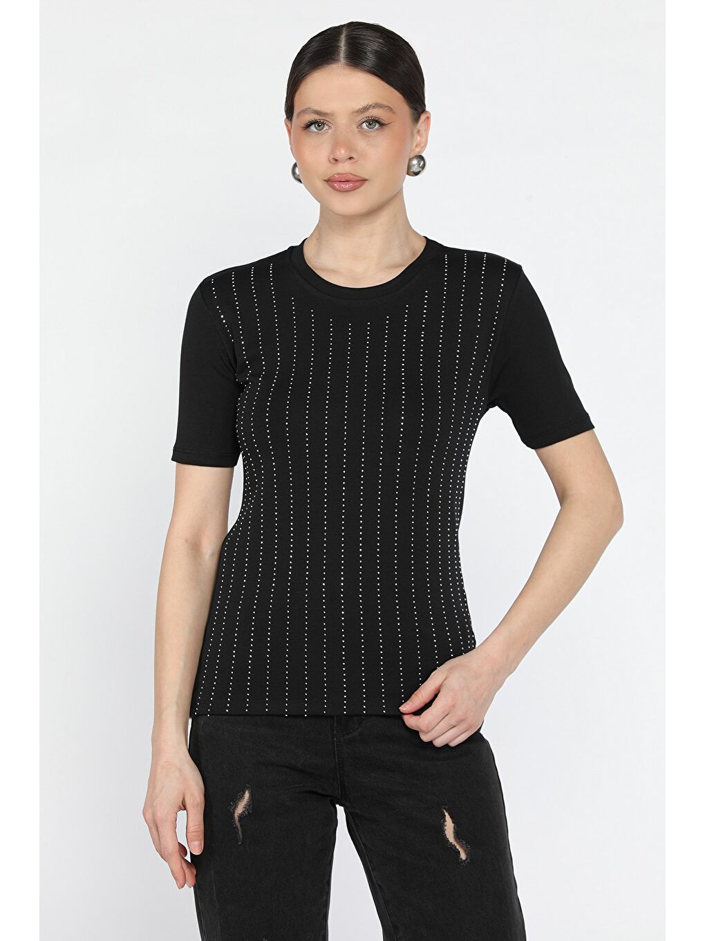 Siyah Kadın Bisiklet Yaka Taş İşlemeli Elastanlı Bluz