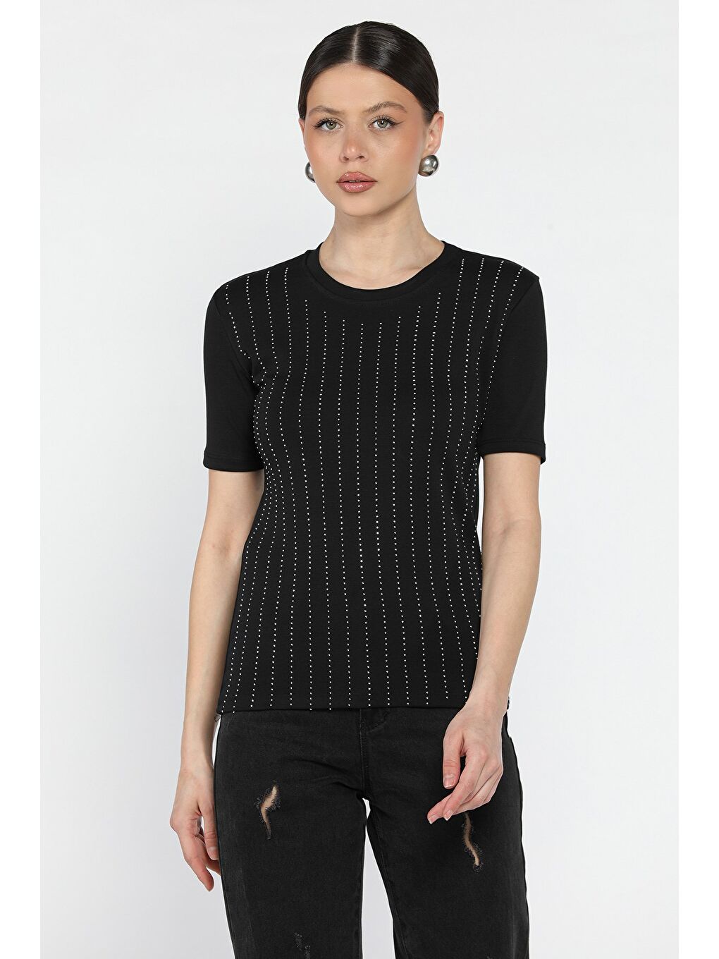 Siyah Kadın Bisiklet Yaka Taş İşlemeli Elastanlı Bluz-1