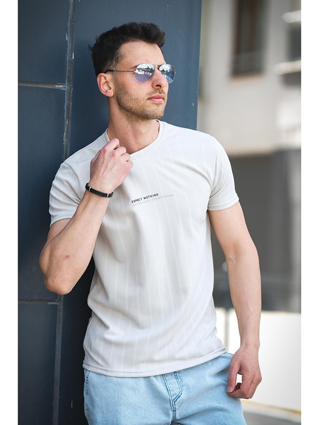 Bej Expect Slim Fit Elastanlı Bisiklet Yaka Baskılı Erkek Tshirt-2
